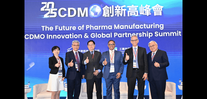 右起臺北醫學大學講座教授閻雲、Vectur LLC 合夥人 Seth Taylor、Tectonic Therapeutics 副總 Washington Alves、Johnson & Johnson 醫療總監 Huabin Sun、臺灣生物醫藥製造張幼翔執行長與永昕生物醫藥陳佩君董事長。（來源：工研院）